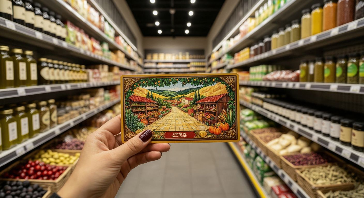 A colorful scratch-off card with a golden coating being held by a hand in a bustling Turkish supermarket aisle, surrounded by shelves of local products like olive oil and spices, with a customer's excited expression.