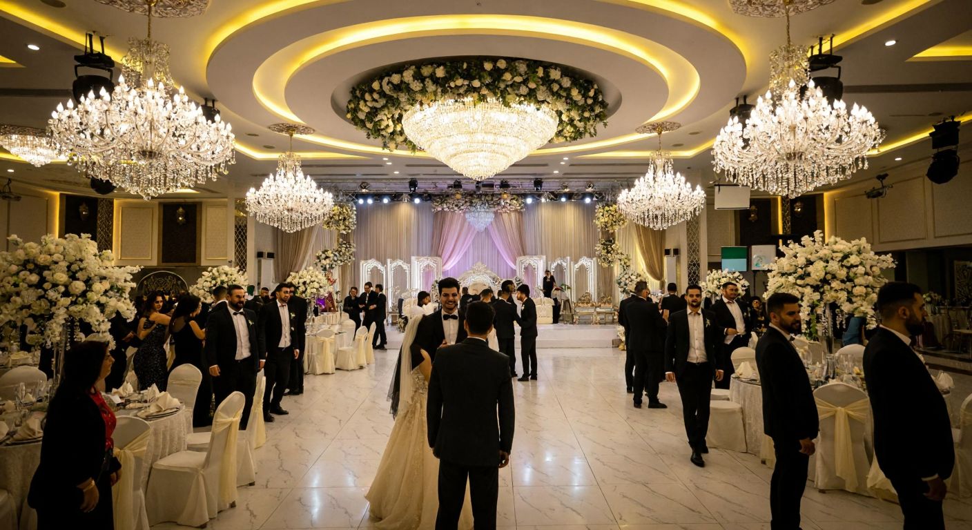 A grand wedding hall in Adana with three elegantly decorated ballrooms—Elmas, Pırlanta, and Zümrüt—filled with joyful guests in formal attire, surrounded by sparkling chandeliers and lavish floral arrangements, while waiters serve traditional Turkish dishes on silver trays.