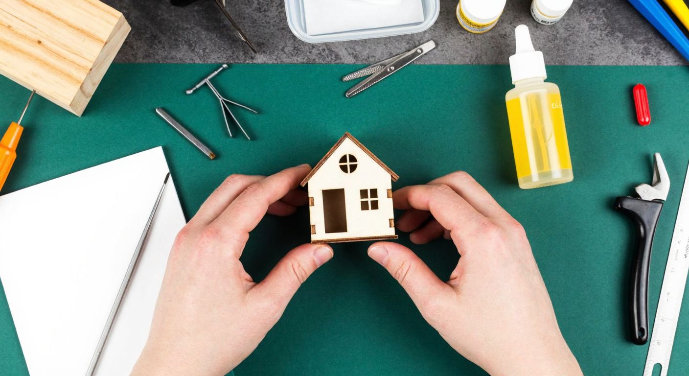 A pair of hands carefully assembling a tiny wooden miniature house on a cluttered craft table, with a small transparent glue bottle and fine-tipped applicator nearby, surrounded by scattered tools like tweezers, a craft knife, and a ruler.
