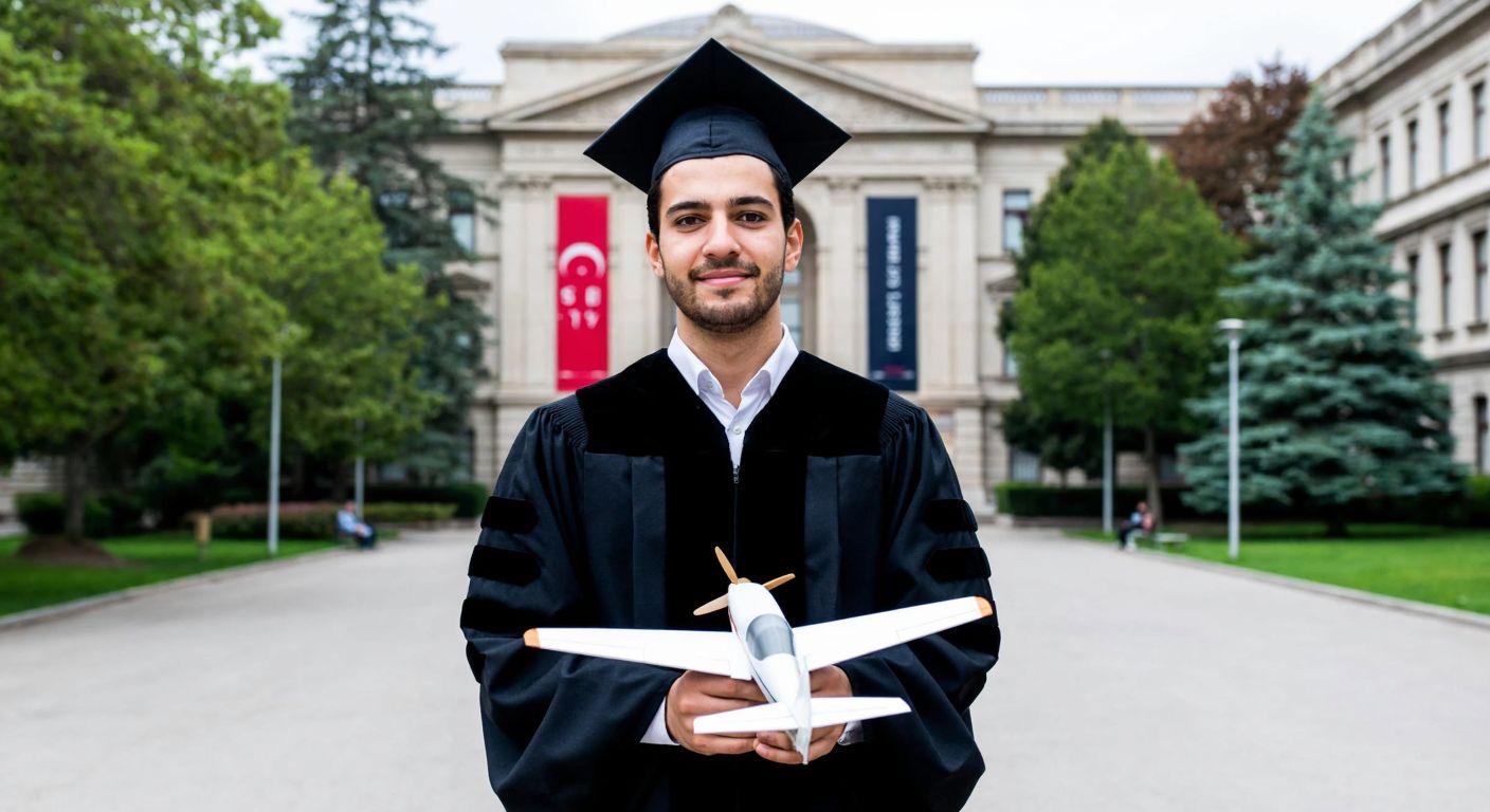 A young, confident Turkish man in a graduation cap and gown stands proudly in front of Istanbul Technical University's historic campus, holding a model airplane symbolizing his engineering degree.