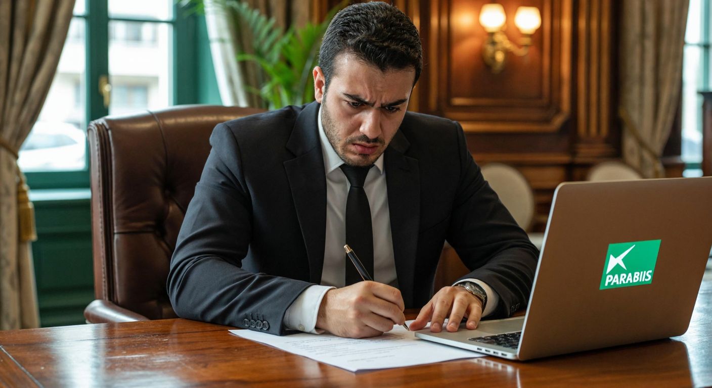 A frustrated Turkish customer in a formal suit sits at a wooden desk, frowning while holding a pen over a blank sheet of paper, with a laptop open displaying the BNP Paribas logo in the background.
