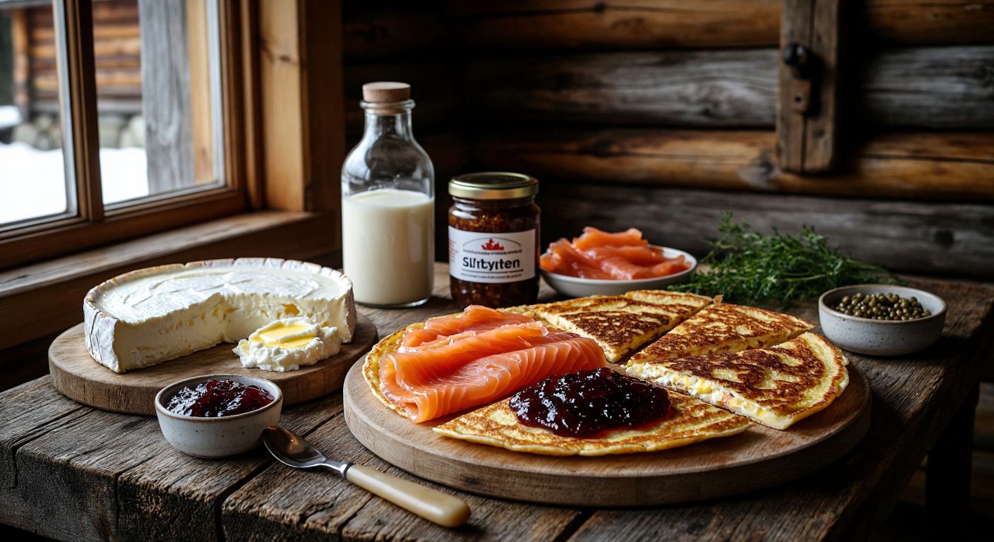 A rustic wooden table in a cozy Norwegian cabin is set with slices of brunost cheese, flatbrød topped with sour cream and jam, lefse drizzled with butter and cinnamon, a jar of syltetøy, a tube of caviar, smoked salmon on dark bread, and a hearty farmer's omelet, all bathed in warm morning light.