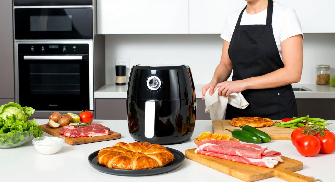 A modern Turkish kitchen with a sleek FitFry air fryer on the counter, surrounded by colorful fresh vegetables, lean meats, and a golden-brown baklava, while a smiling home cook in an apron wipes the clean appliance with a cloth.