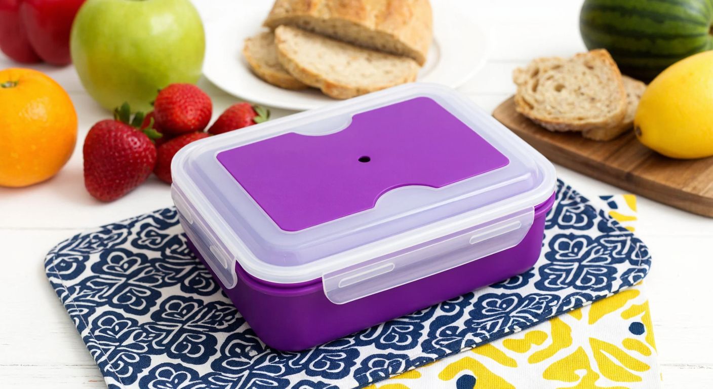 A colorful plastic lunchbox with a tight-sealing lid sits on a patterned, wipeable fabric placemat, surrounded by fresh fruits and bread, evoking a tidy and practical mealtime setup.