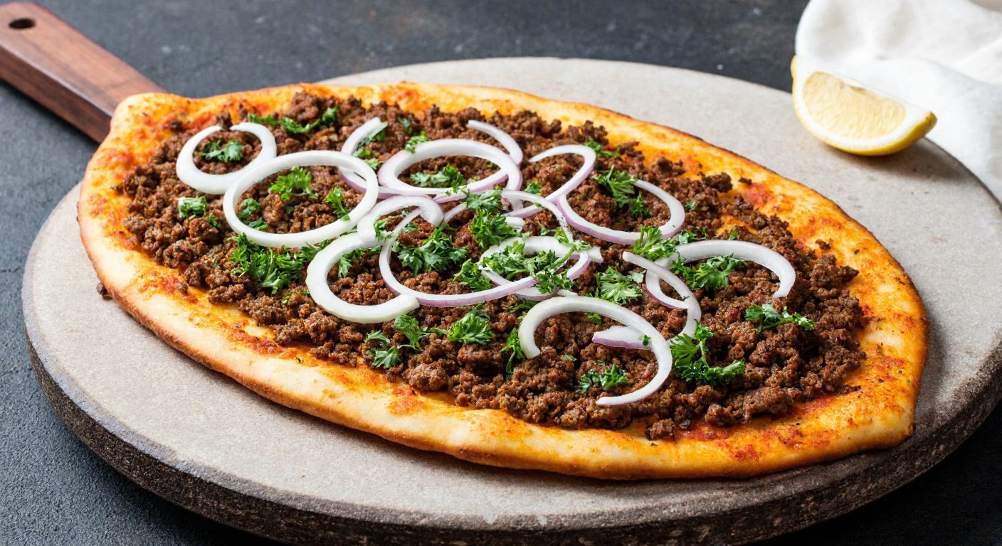 A golden, thin-crust Adana lahmacun topped with spiced minced lamb, fresh parsley, and sliced onions, sizzling on a wooden-fired oven's stone surface, with a wedge of lemon nearby.