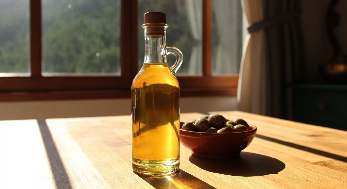 A clear glass Dorika bottle filled with a golden liquid, placed on a wooden table in a sunlit Turkish kitchen, with a traditional ceramic bowl of olives nearby.