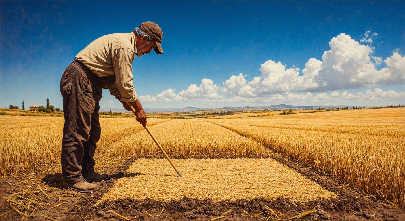 A Turkish farmer in a sunlit field measures a vast rectangular plot of land with a wooden measuring stick, surrounded by golden wheat stalks under a clear blue sky.