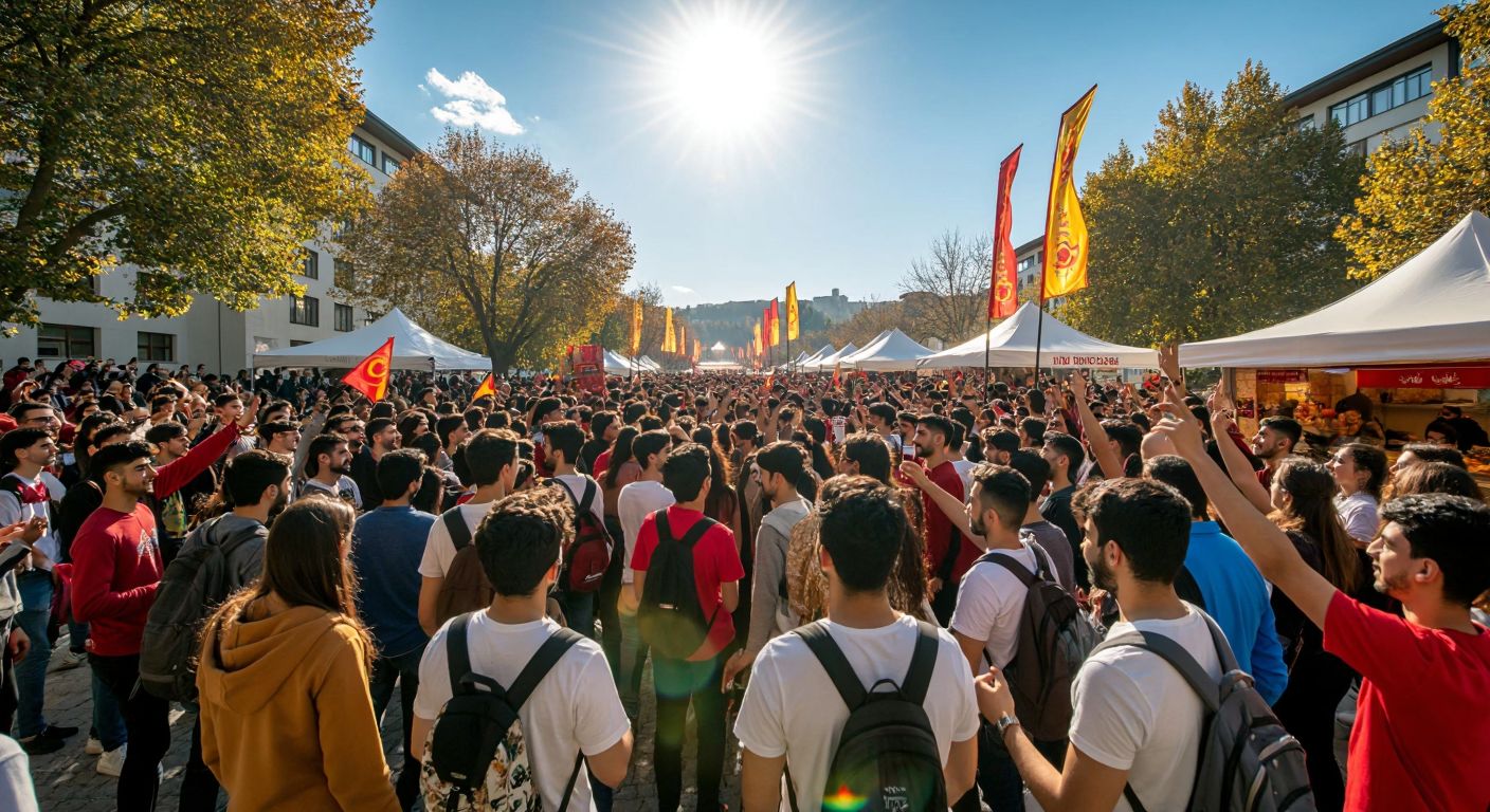 A lively crowd of young students celebrating at İTÜ's Ayazağa Campus, with colorful banners, traditional Turkish music performances, and food stalls serving simit and çay under a bright sun.