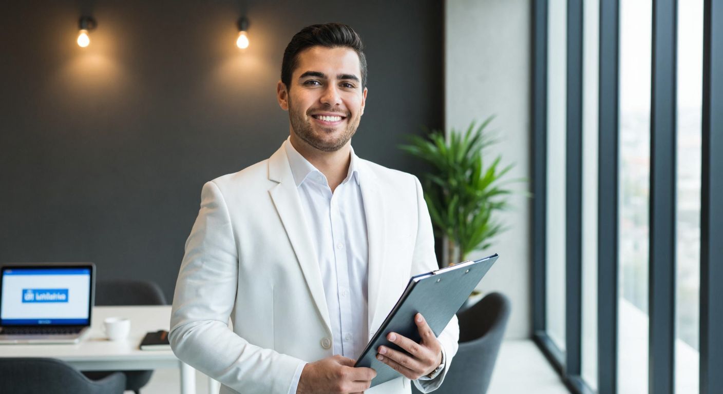 A young professional in a crisp white shirt and blazer, smiling confidently while holding a neatly arranged folder, standing against a modern office backdrop in Istanbul, with a laptop open on a desk displaying a LinkedIn profile.