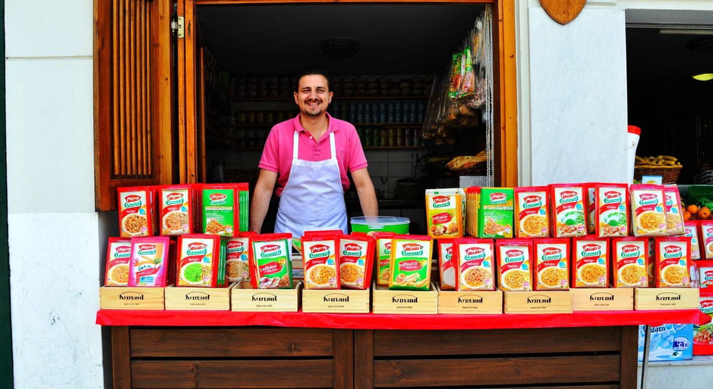 A colorful display of Turkish-branded noodle packages (Ülker, Knorr, İçim, Nestlé) arranged on a wooden market stall in Istanbul, with a vendor in a white apron smiling proudly.