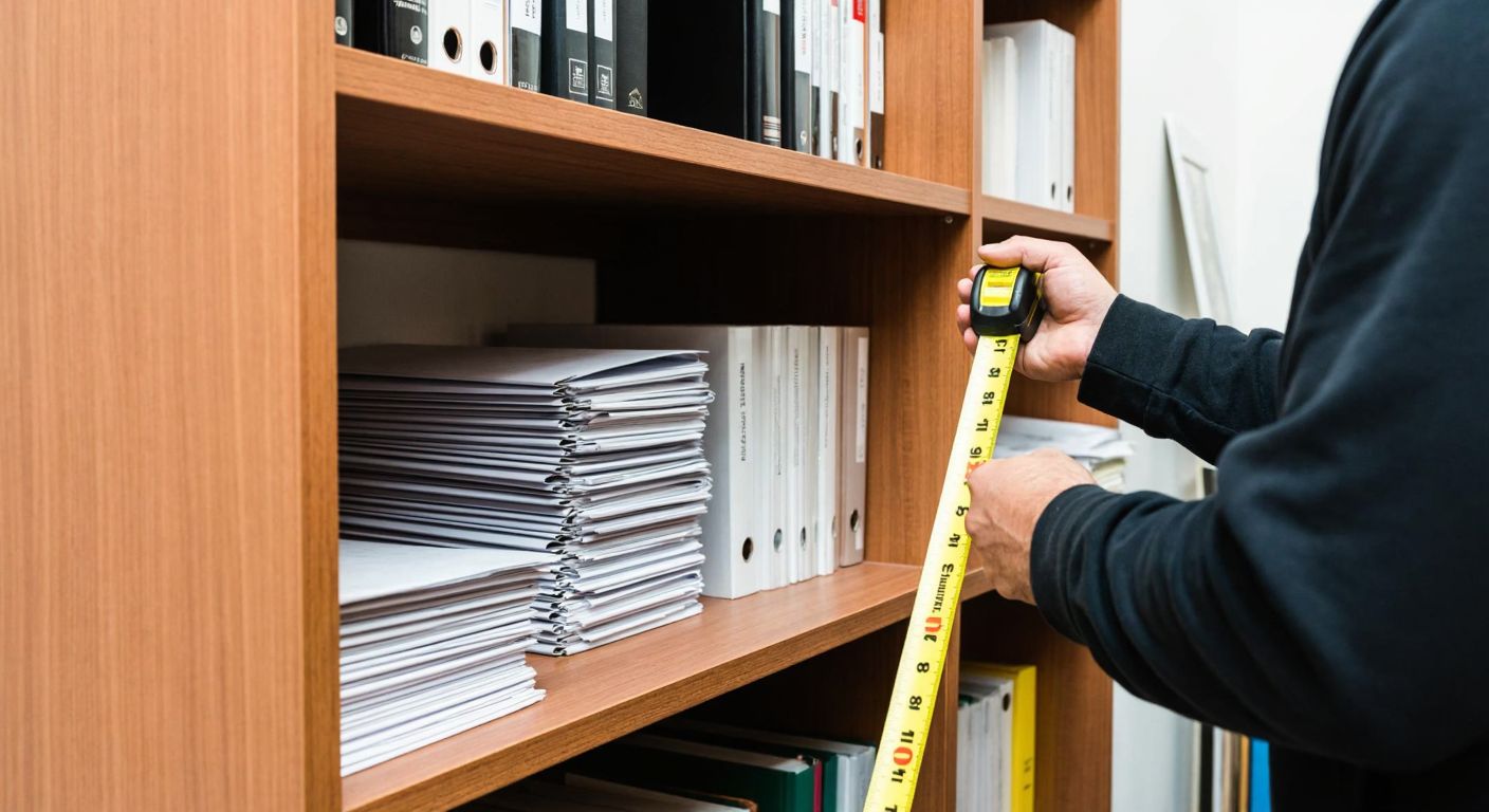 A sturdy wooden shelf in a Turkish office, filled with neatly stacked folders and documents, with a carpenter measuring its dimensions using a tape measure.