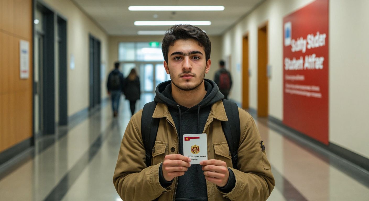 A young Turkish student in a university hallway holding a national ID card and a slip of paper, looking determined while approaching a student affairs office with a sign in the background.