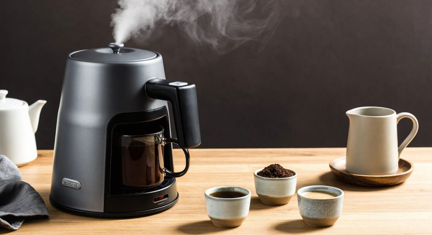 A sleek gray Turkish coffee machine with a single cezve sits on a wooden table, steam rising from its spout, surrounded by small porcelain cups and a bowl of aromatic coffee grounds.