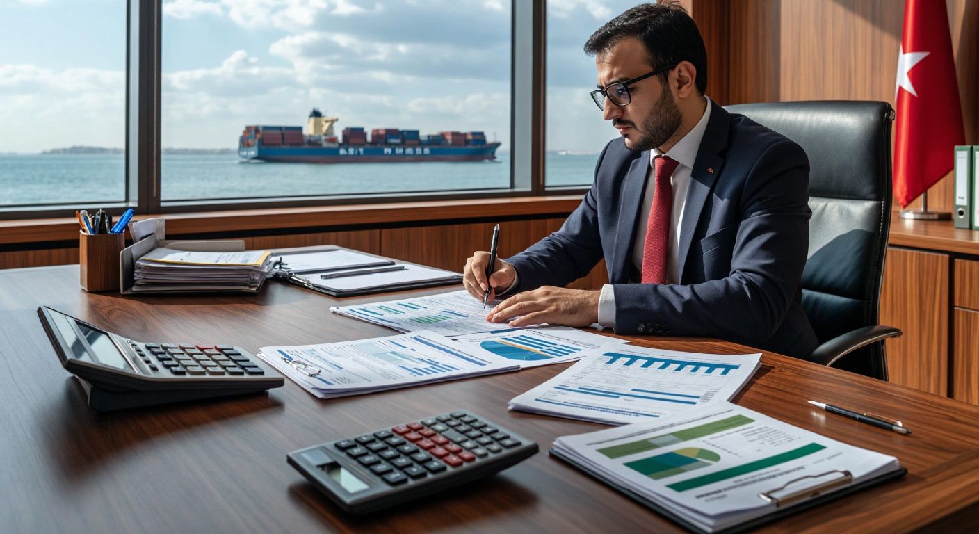 A Turkish accountant in a modern office meticulously organizing export documents, invoices, and customs forms on a wooden desk, with a calculator and financial reports nearby, while a cargo ship sails past the window.