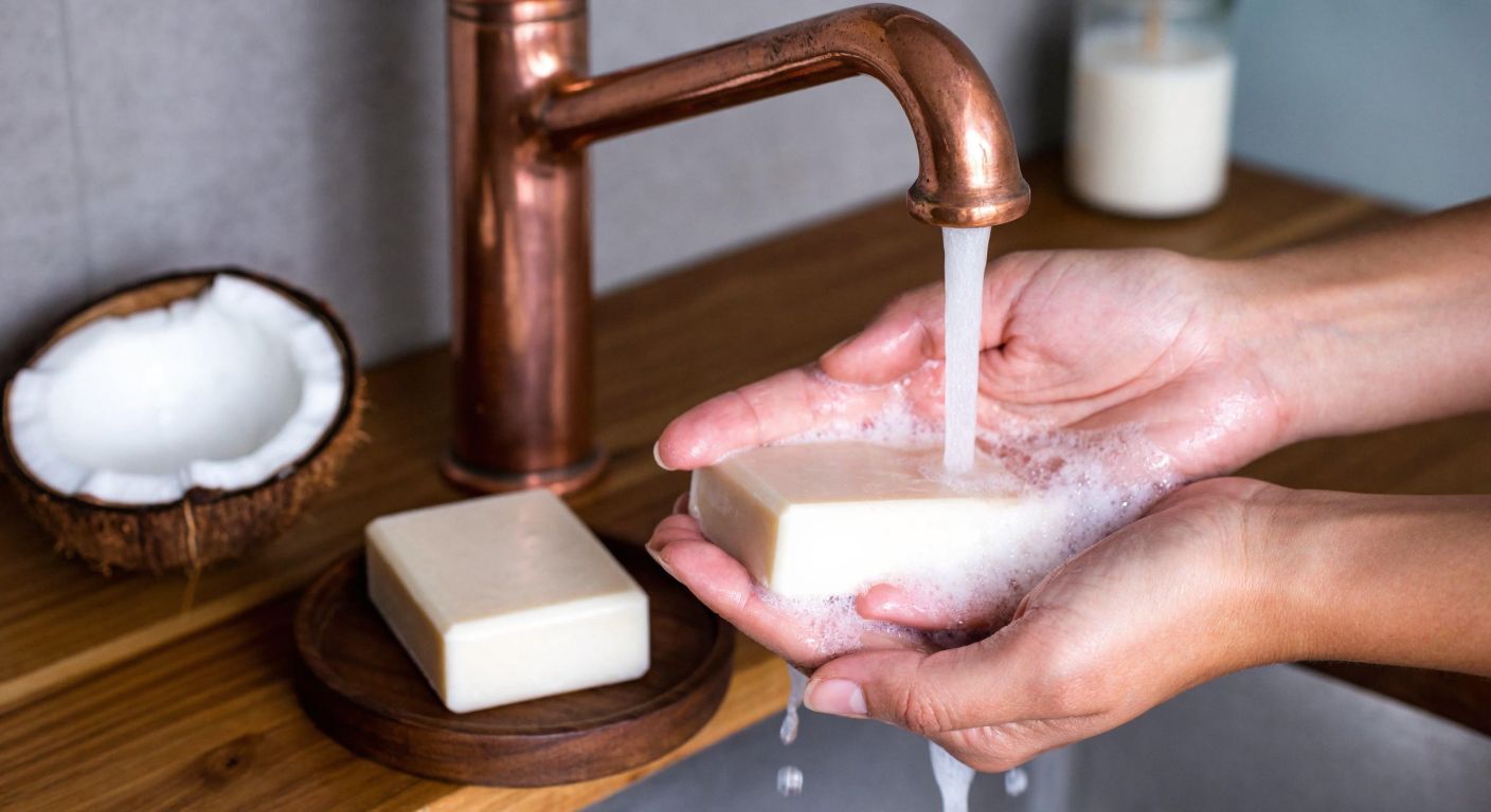 A pair of hands under a rustic Turkish copper faucet, lathering rich, bubbly soap made with coconut oil, with a small bowl of whole coconut and a bar of Castile soap nearby on a wooden counter.