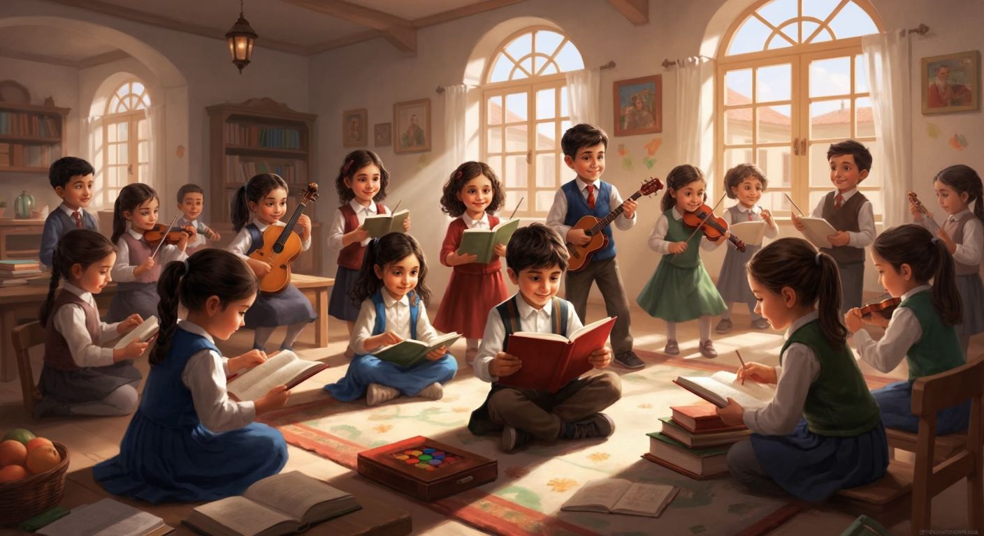 A cheerful Turkish second-grade classroom with children engaged in various activities—reading books, solving math problems, painting, playing musical instruments, and running outside during physical education.
