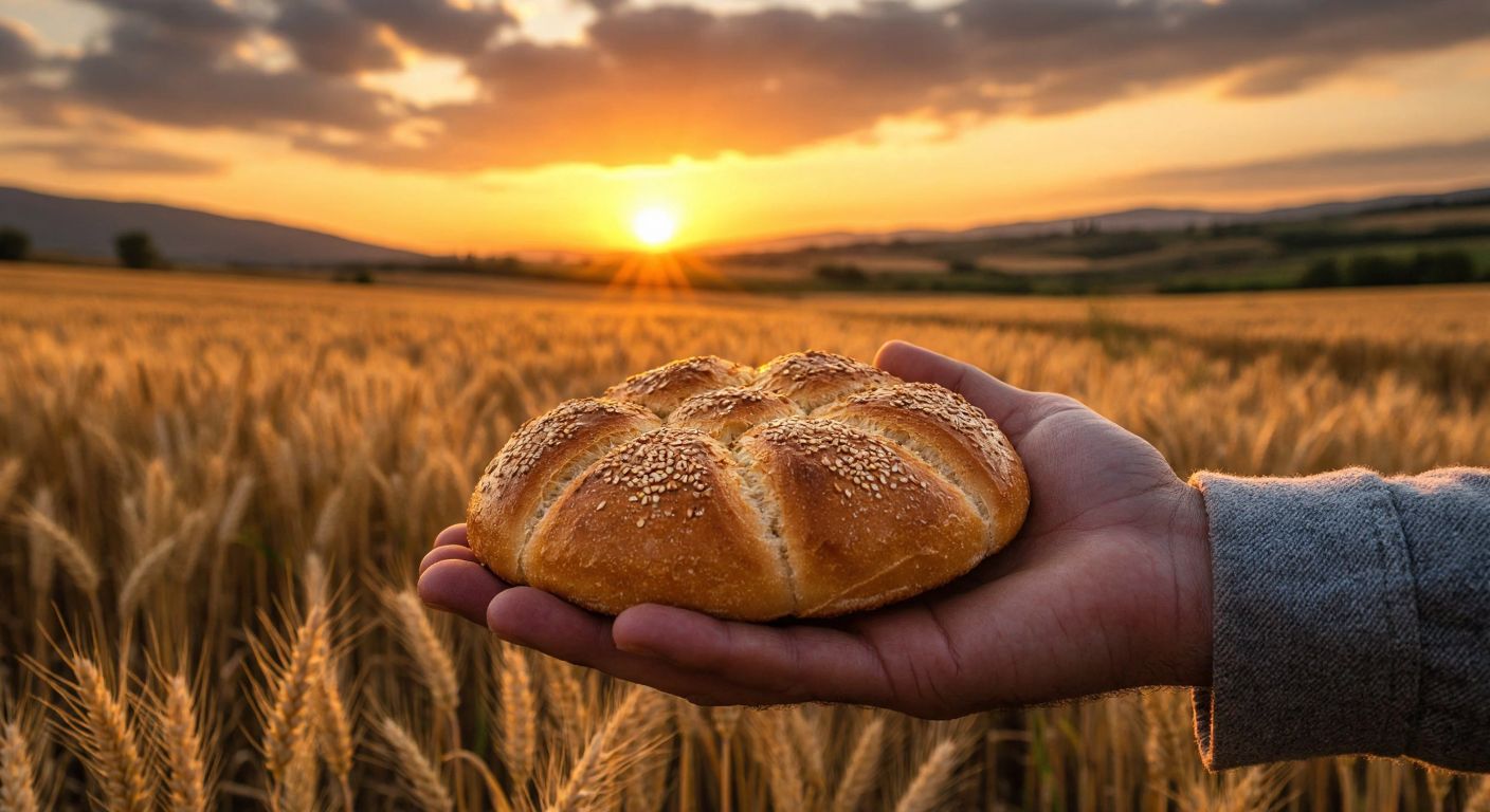 A calloused hand holding freshly baked Turkish bread, with golden wheat fields and a warm sunset in the background, symbolizing honest labor and self-sufficiency.
