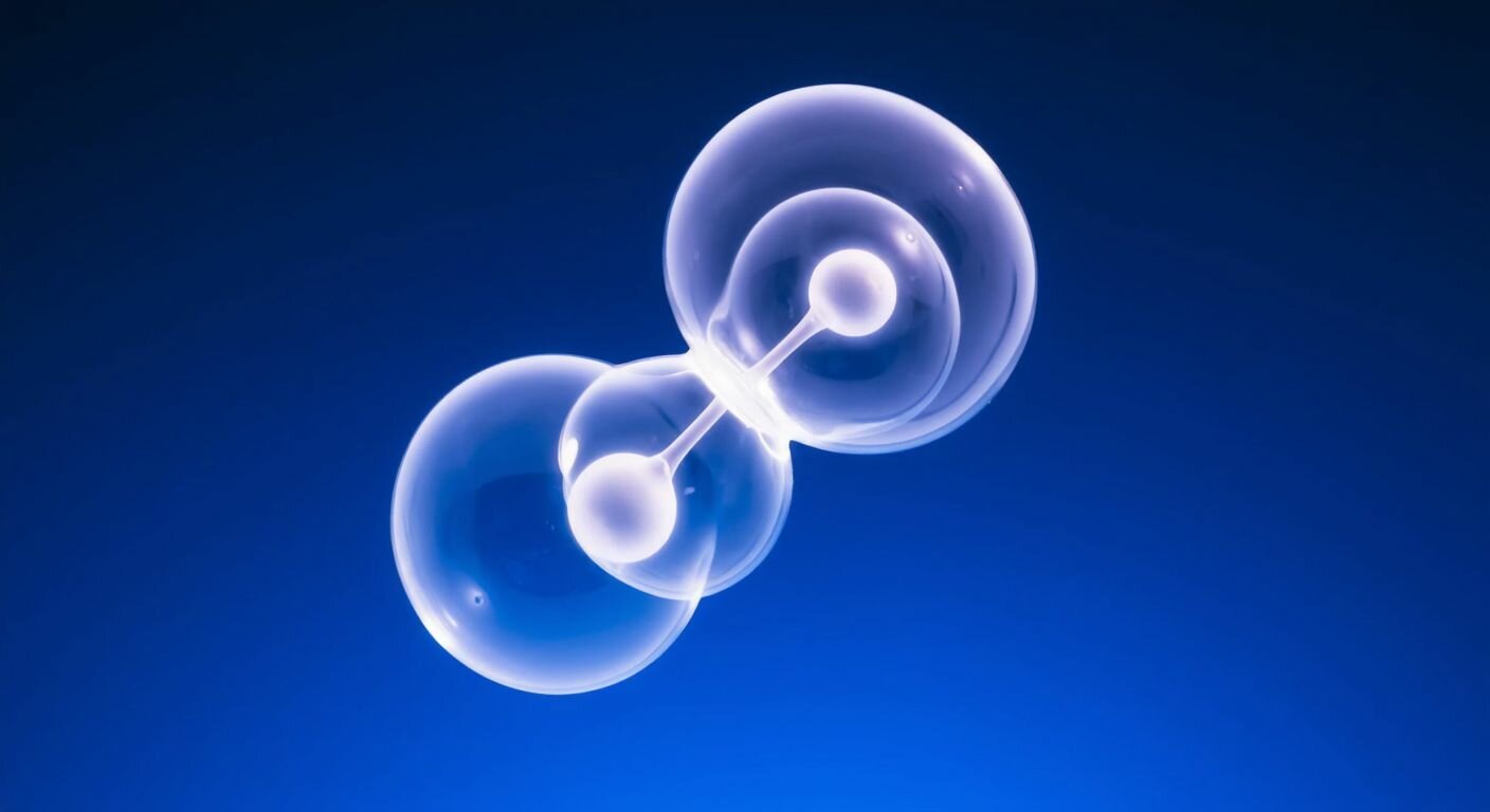 A glowing, translucent water molecule (H₂O) with two small hydrogen atoms bonded to a larger oxygen atom, floating against a dark blue background to symbolize scientific curiosity and molecular structure.