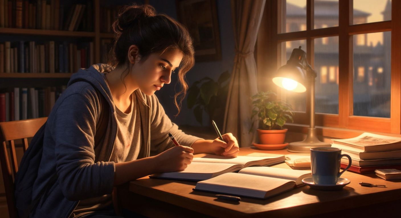 A focused Turkish student sits at a wooden desk with an open notebook and textbooks, bathed in warm lamplight, while a steaming cup of çay rests nearby, embodying disciplined daily study.