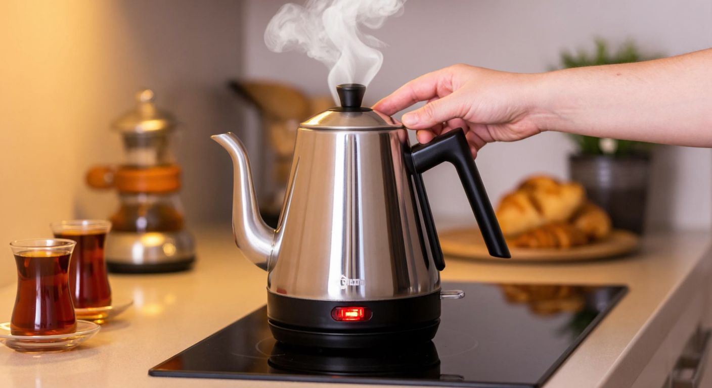 A modern stainless steel electric kettle sits on a kitchen counter in a Turkish home, steam rising from its spout as a hand presses its illuminated power button, with a traditional çaydanlık and tulip-shaped tea glasses visible in the background.