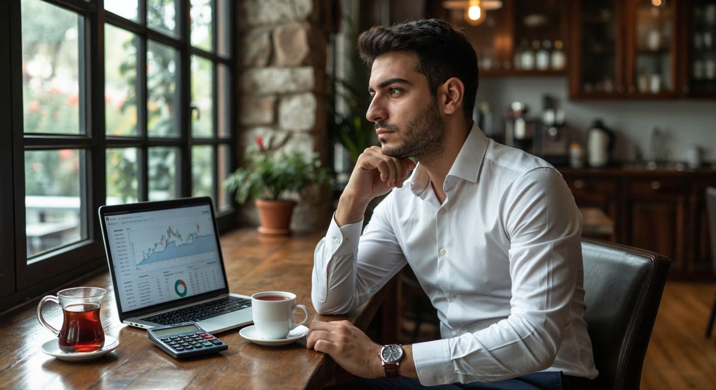 A Turkish man in a crisp white shirt and dark trousers sits at a wooden desk with a calculator and a steaming cup of çay, looking thoughtfully at a laptop screen displaying financial charts.