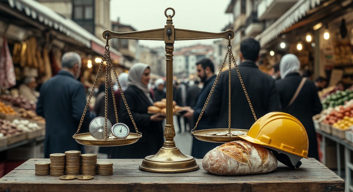 A balanced scale with gold coins on one side and a loaf of bread, a stethoscope, and a construction helmet on the other, set against a backdrop of a bustling Turkish marketplace with diverse people exchanging goods.