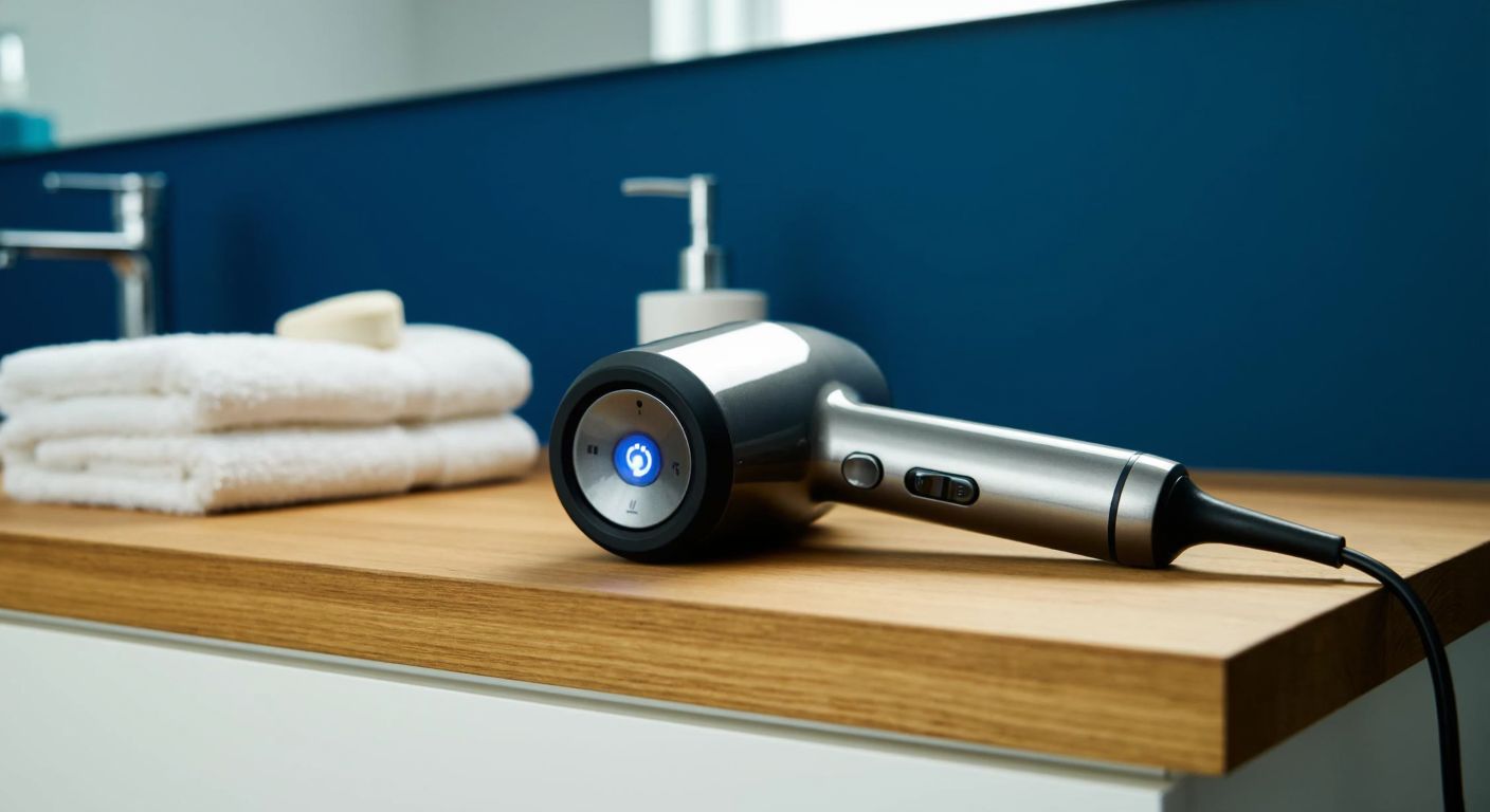 A sleek hairdryer with a small glowing key symbol on its control panel, resting on a wooden bathroom counter beside a neatly folded towel.