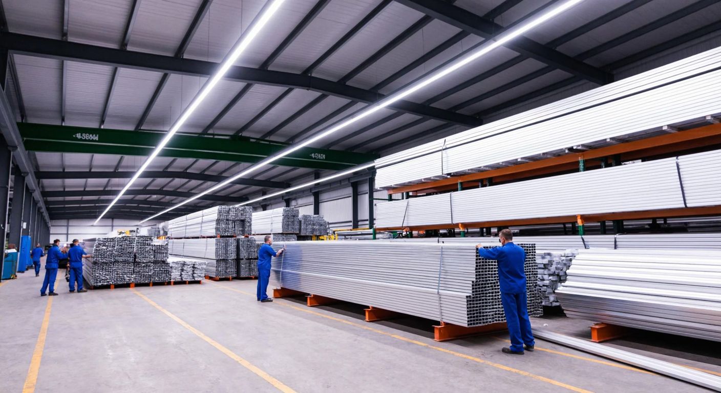 A modern industrial warehouse in Başiskele, Kocaeli, with stacks of gleaming aluminum profiles under bright fluorescent lights, surrounded by workers in blue uniforms inspecting materials.