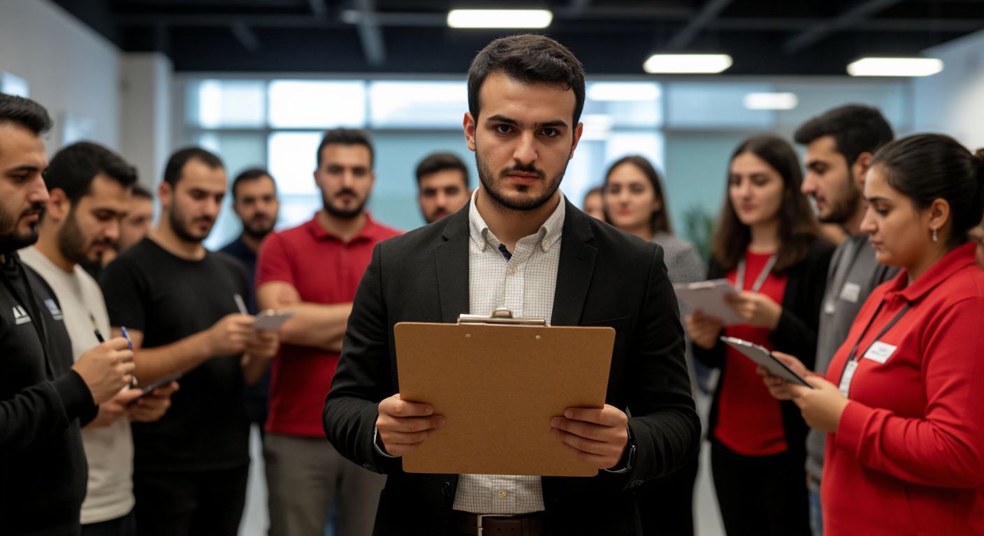 A person in Turkey holds a clipboard with a multiple-choice survey, surrounded by checkboxes and a diverse group of participants thoughtfully marking their answers.