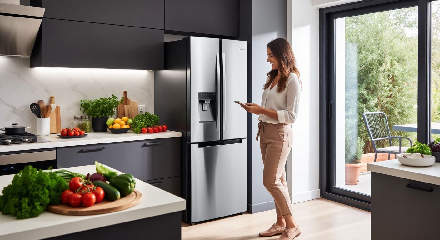 A sleek, modern refrigerator with a minimalist design stands in a bright Turkish kitchen, surrounded by fresh produce and a satisfied homeowner smiling while checking its energy-efficient features.