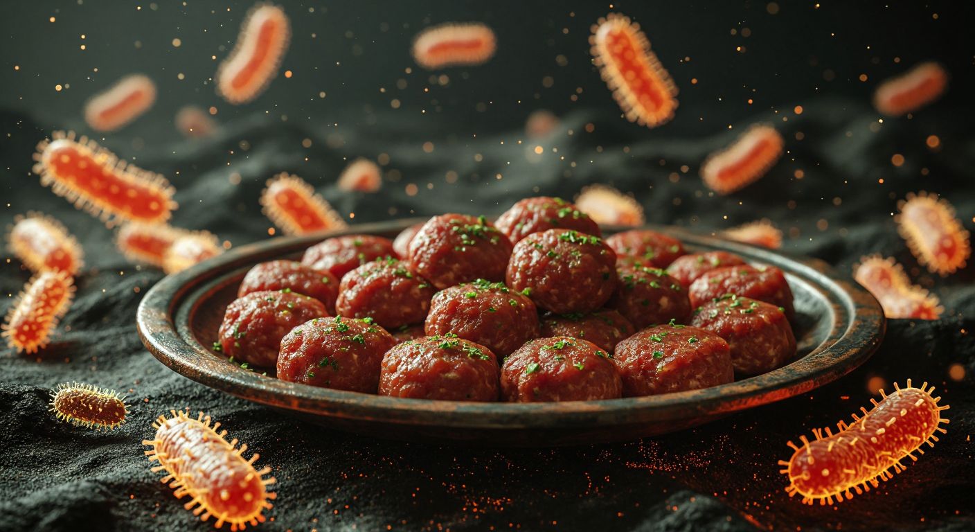 A close-up of raw çiğ köfte on a traditional Turkish plate, surrounded by microscopic bacteria like Salmonella and E. coli, visualized as tiny glowing dots with a dark, ominous background.