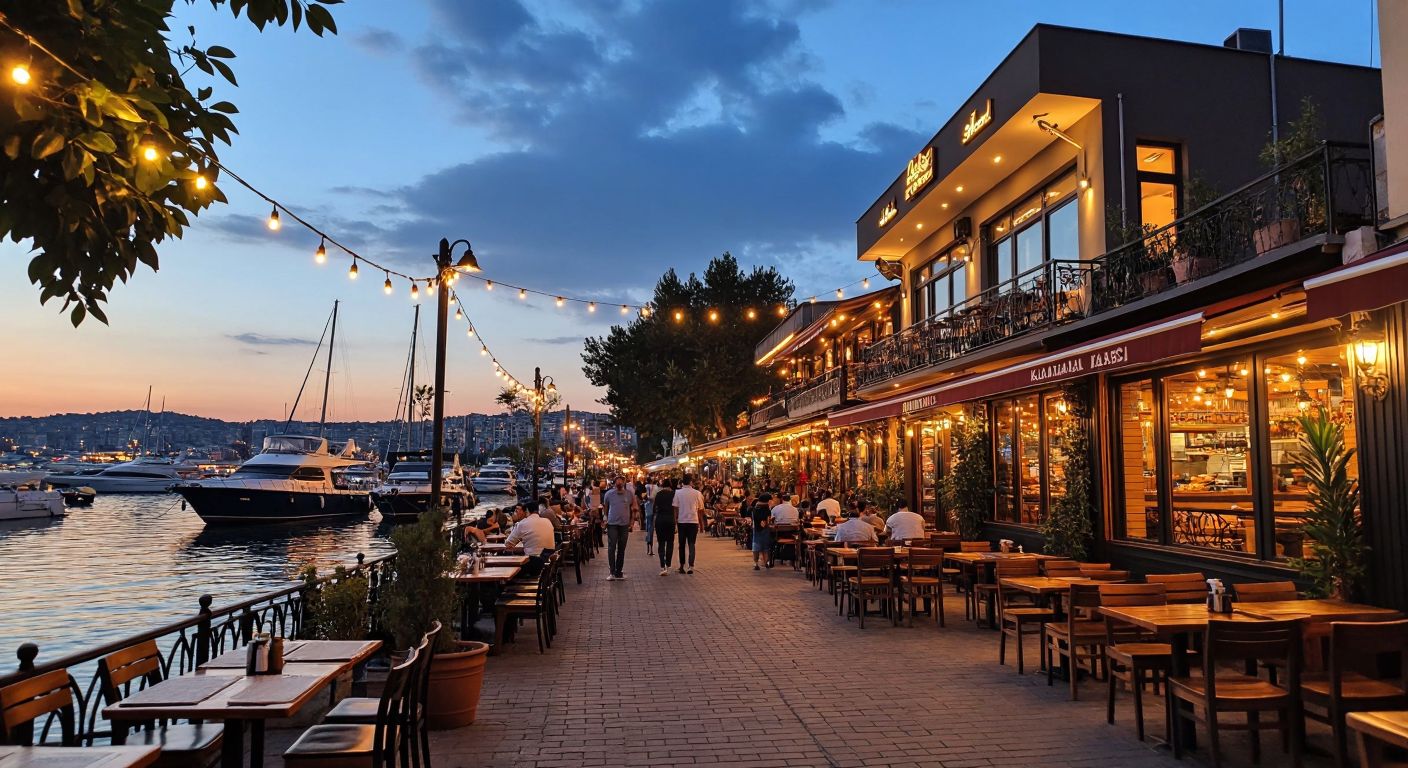 A bustling Kadıköy street with two distinct restaurant facades—one near Kalamış Yat Limanı with boats docked behind it, and another in Osmanağa Mahallesi with a cozy outdoor seating area under string lights, both exuding warmth and the aroma of grilled kebabs.