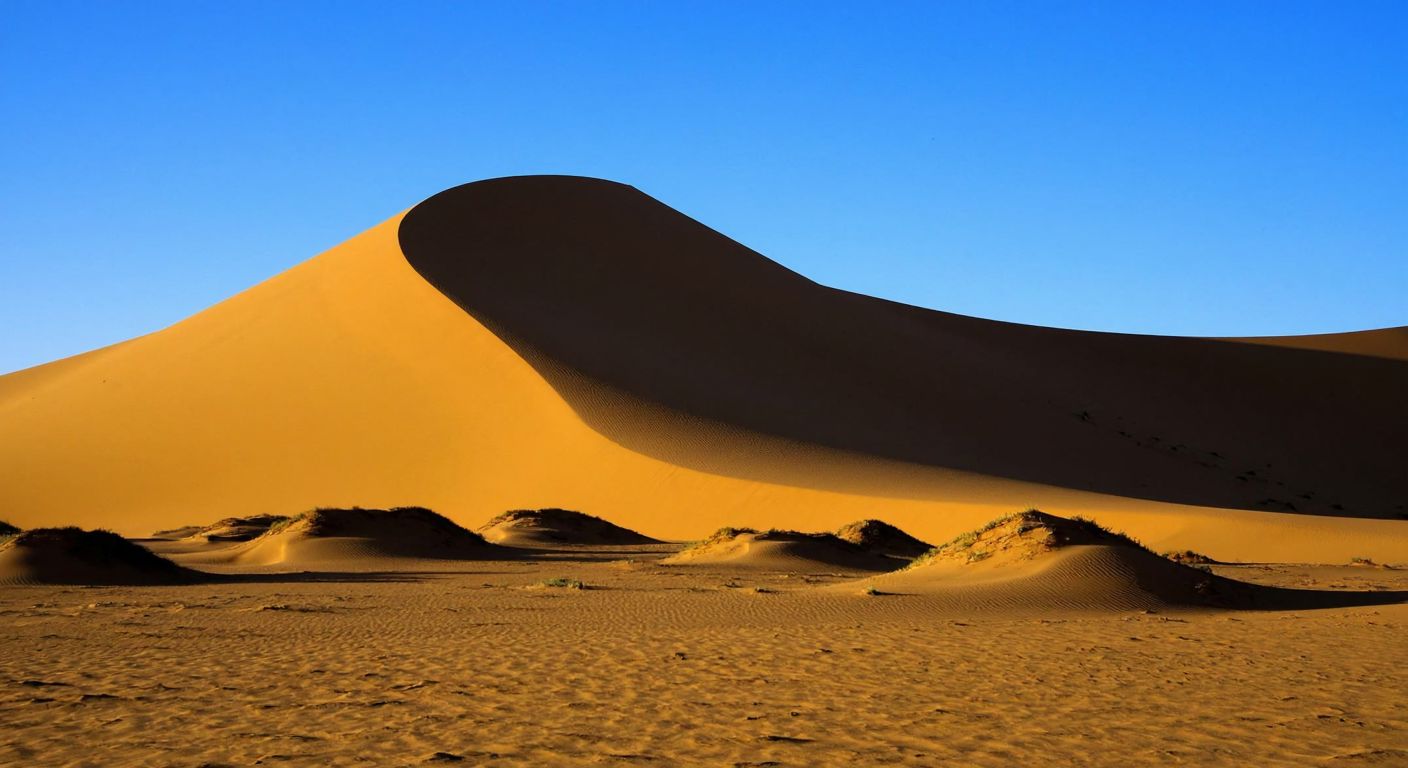 A golden crescent-shaped sand dune (barkan) under a bright blue sky, contrasting with smaller, scattered sand mounds (kumul) in a vast desert landscape.