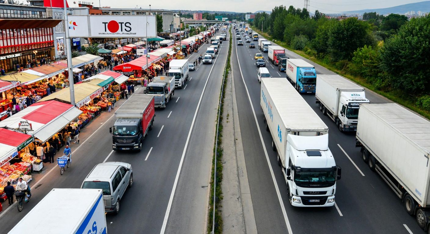 A split image showing a bustling Turkish marketplace on one side representing TSO, and a busy highway with trucks and drivers on the other side representing TŞOF.