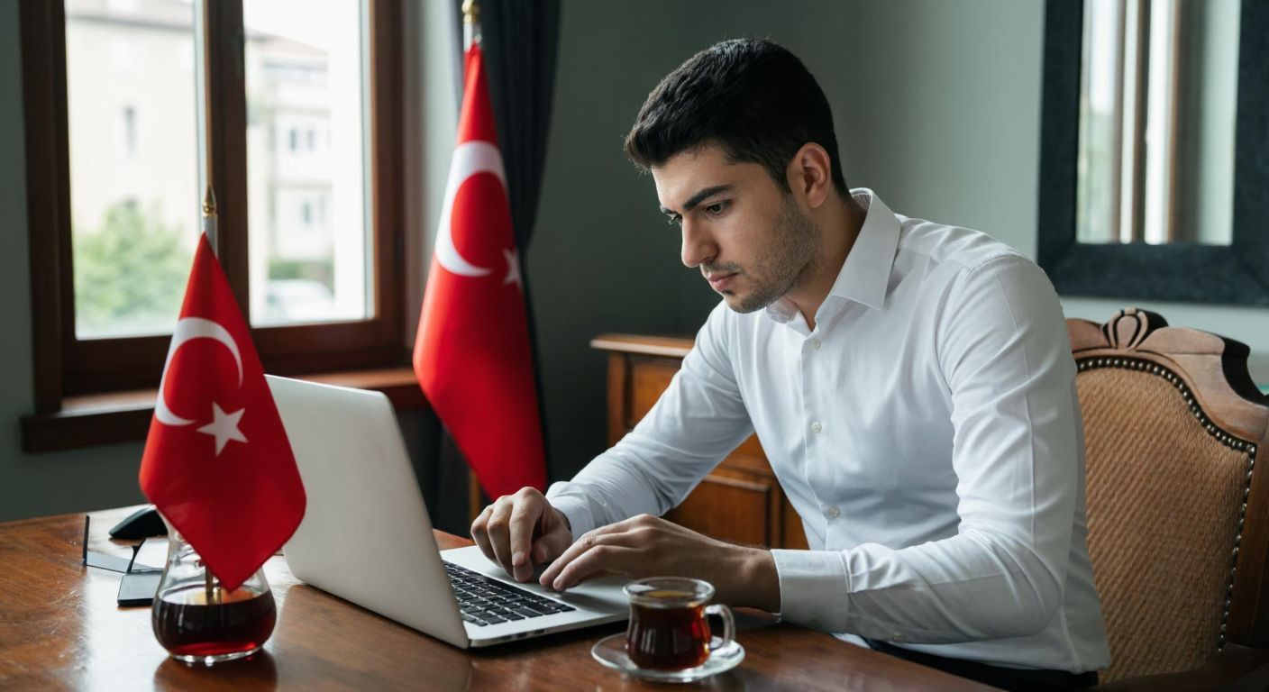 A determined young Turkish man in a crisp white shirt sits at a wooden desk, carefully filling out an online job application on a laptop, with a small Turkish flag and a steaming cup of çay beside him, his expression focused yet hopeful.