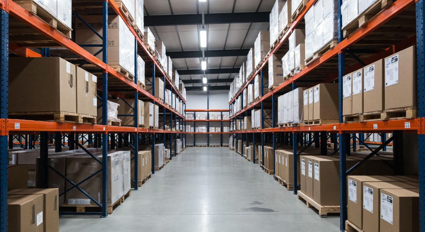 A well-lit Turkish warehouse with neatly organized steel shelves of varying types—pallet racks stacked with boxes, cantilever racks holding small items, and archive racks filled with labeled folders—all arranged in a clean, industrial space.