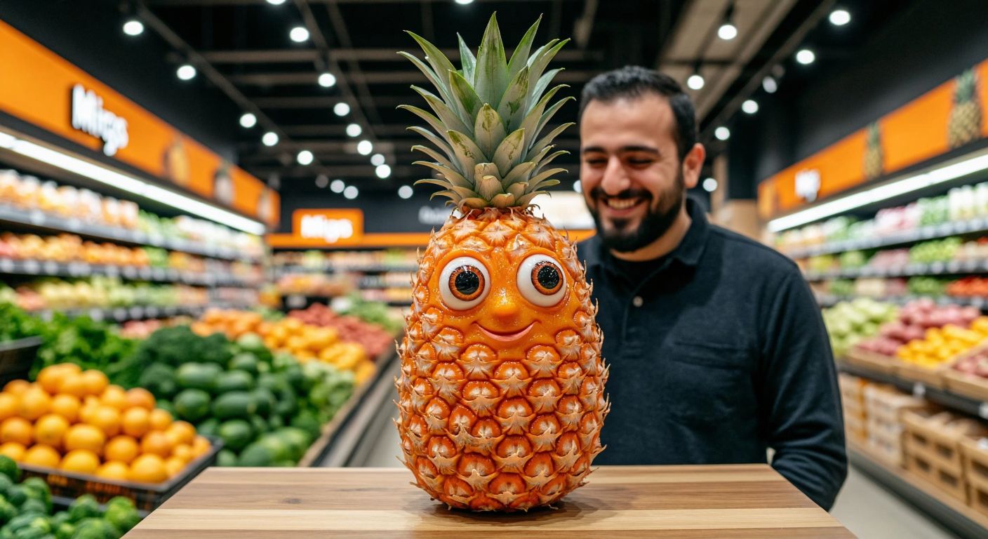 A vibrant, ripe pineapple with bright orange skin and large eyes sits on a wooden table in a well-lit Migros supermarket, surrounded by fresh produce, while a smiling Turkish shopper in casual clothing gently sniffs its sweet aroma.