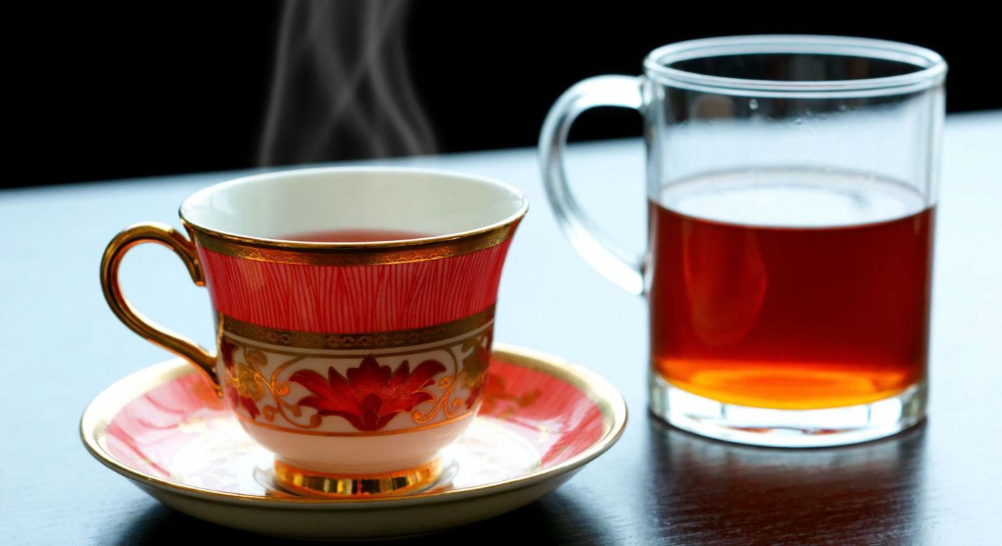 A delicate, coral-patterned Turkish tea cup with a gold-trimmed handle sits on a saucer beside a steaming glass of amber tea, evoking warmth and tradition.