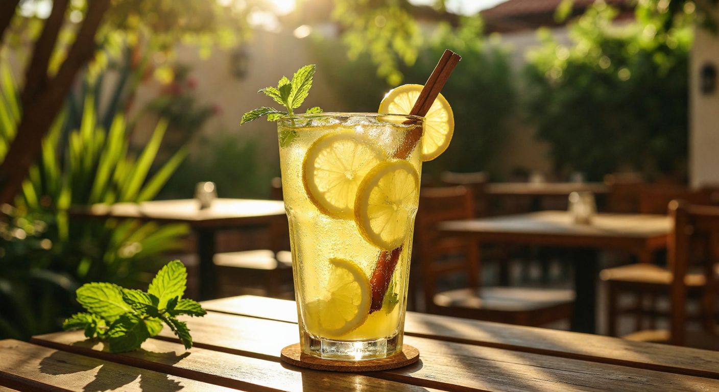A tall, frosty glass of golden-yellow lemonade with fresh lemon slices floating inside, garnished with sprigs of mint and a cinnamon stick, resting on a sunlit wooden table in a Turkish courtyard.