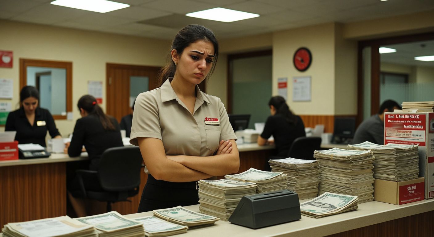 A tired but professional-looking bank teller in Turkey, wearing a neat uniform, stands behind a counter with stacks of cash and documents, managing multiple customers with a stressed yet focused expression in a bustling bank interior.