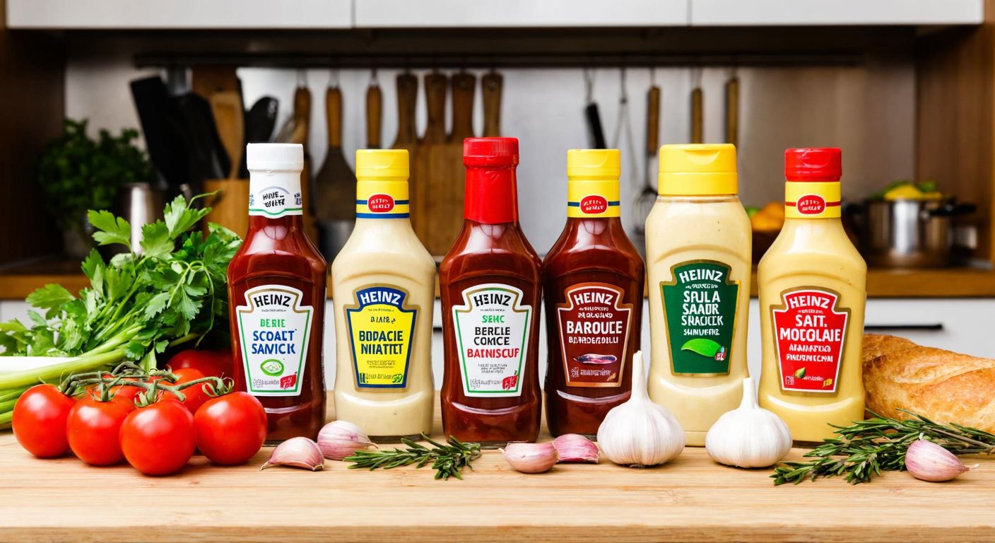 A vibrant wooden table in a cozy Turkish kitchen displays an array of Heinz sauce bottles—barbecue, ketchup, mayonnaise, and mustard—surrounded by fresh ingredients like tomatoes, garlic, and herbs, evoking a lively culinary debate.