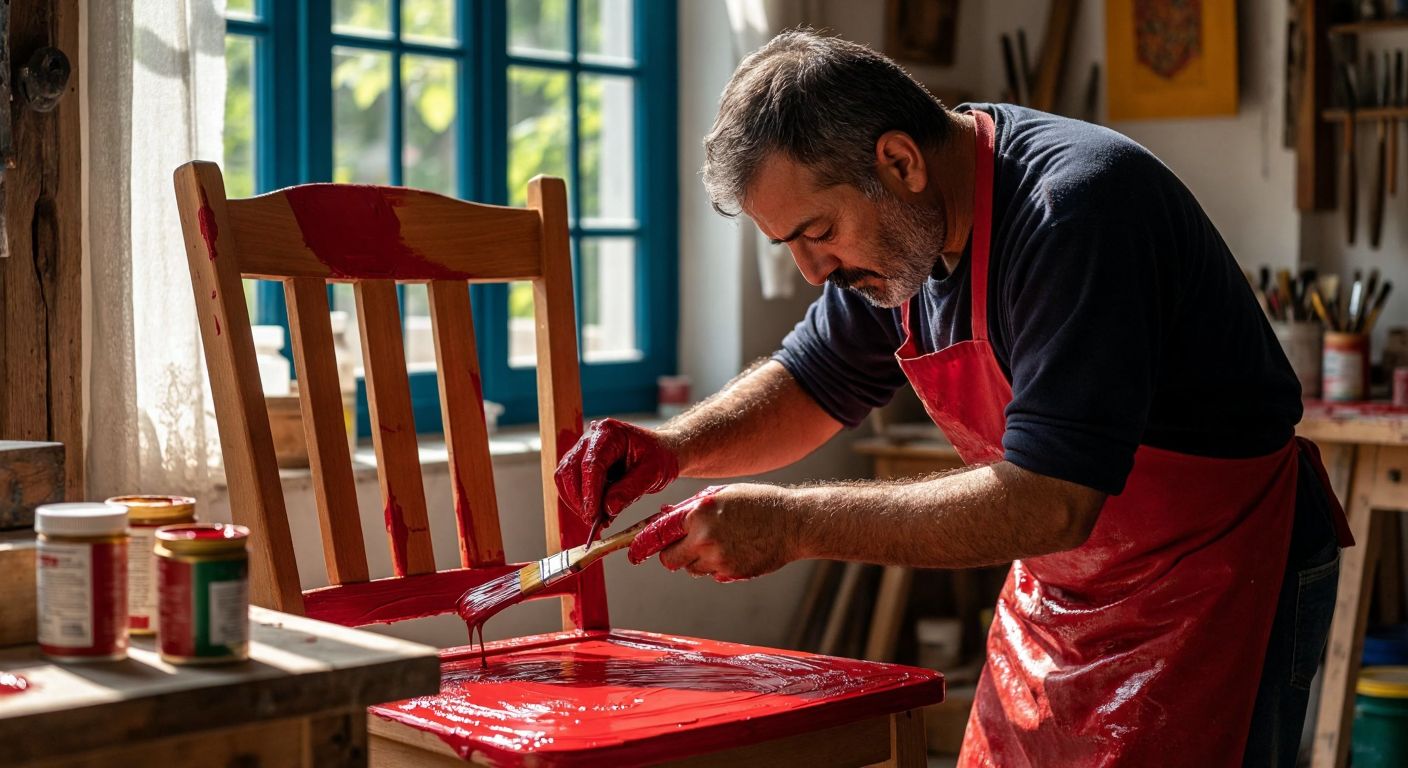 A craftsman in a sunlit Turkish workshop carefully applies glossy red paint onto a sanded wooden chair with a brush, surrounded by cans of varnish and acrylic paints.