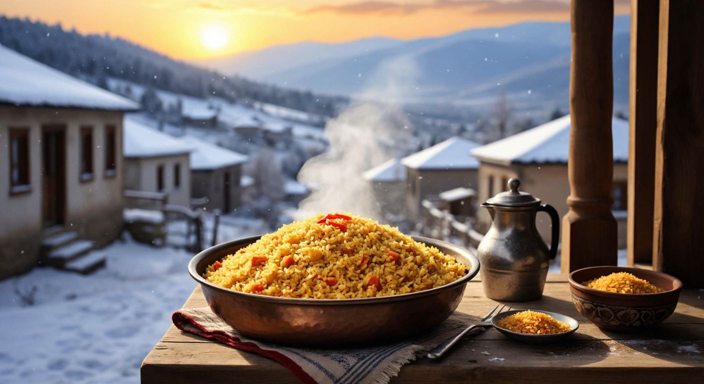 A snowy Turkish countryside scene with a steaming bowl of golden bulgur pilaf on a wooden table, evoking warmth and tradition.