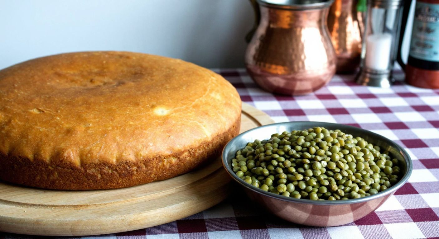 A warm, golden-brown loaf of lentil bread sits on a wooden cutting board beside a bowl of fresh green lentils, with a Turkish kitchen backdrop featuring copper pots and a checkered tablecloth.