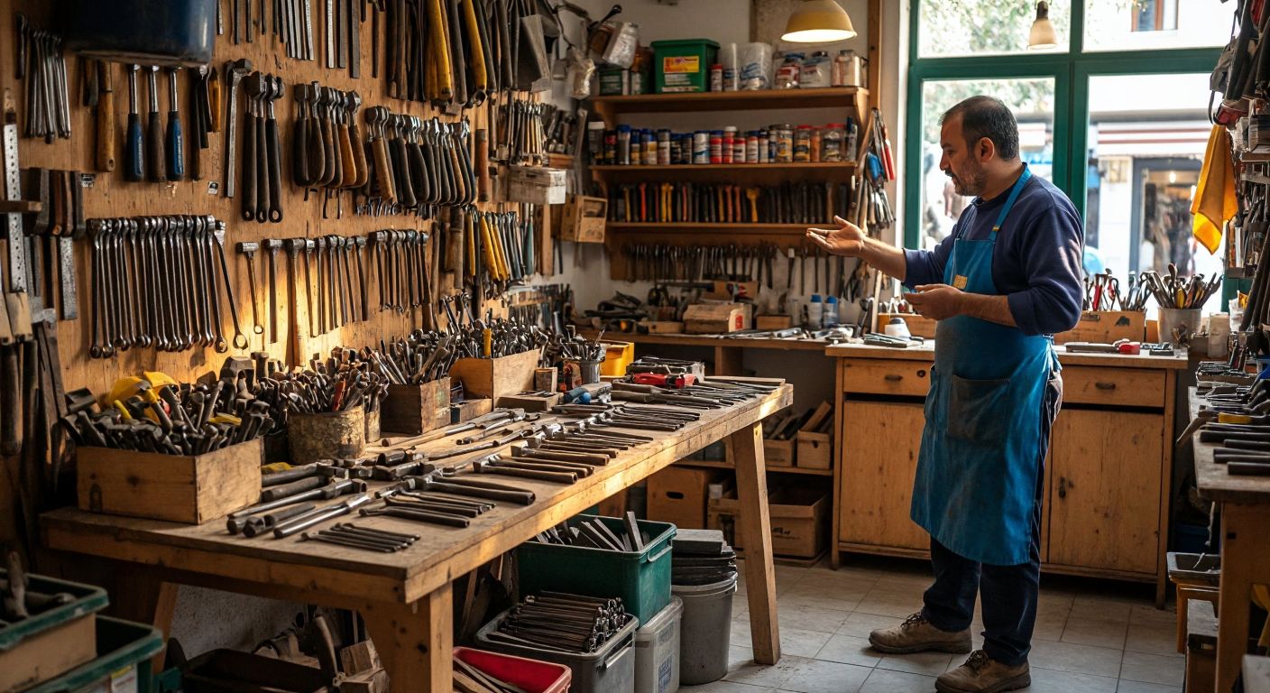 A cluttered wooden workbench in a Turkish hardware shop, filled with various tools like hammers, screwdrivers, and bolts, under warm lighting with a shopkeeper in a blue apron gesturing toward the items.