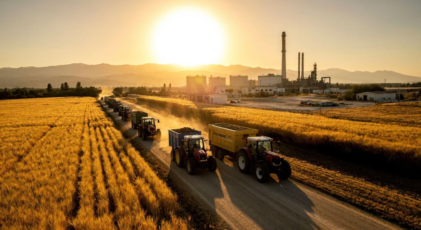 A sunlit industrial landscape in Ceyhan, Adana, with a refinery in the background, tractors working in golden wheat fields, and trucks transporting goods along a dusty road, reflecting the region's energy, agriculture, and logistics sectors.