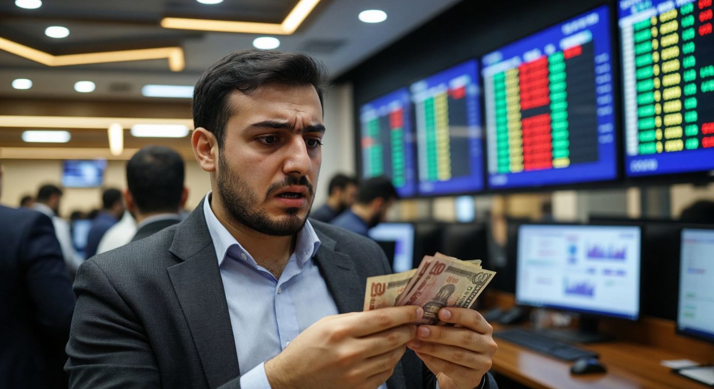 A tense trader in a bustling Istanbul exchange office stares at a fluctuating digital board, gripping a handful of Turkish lira with a worried expression.