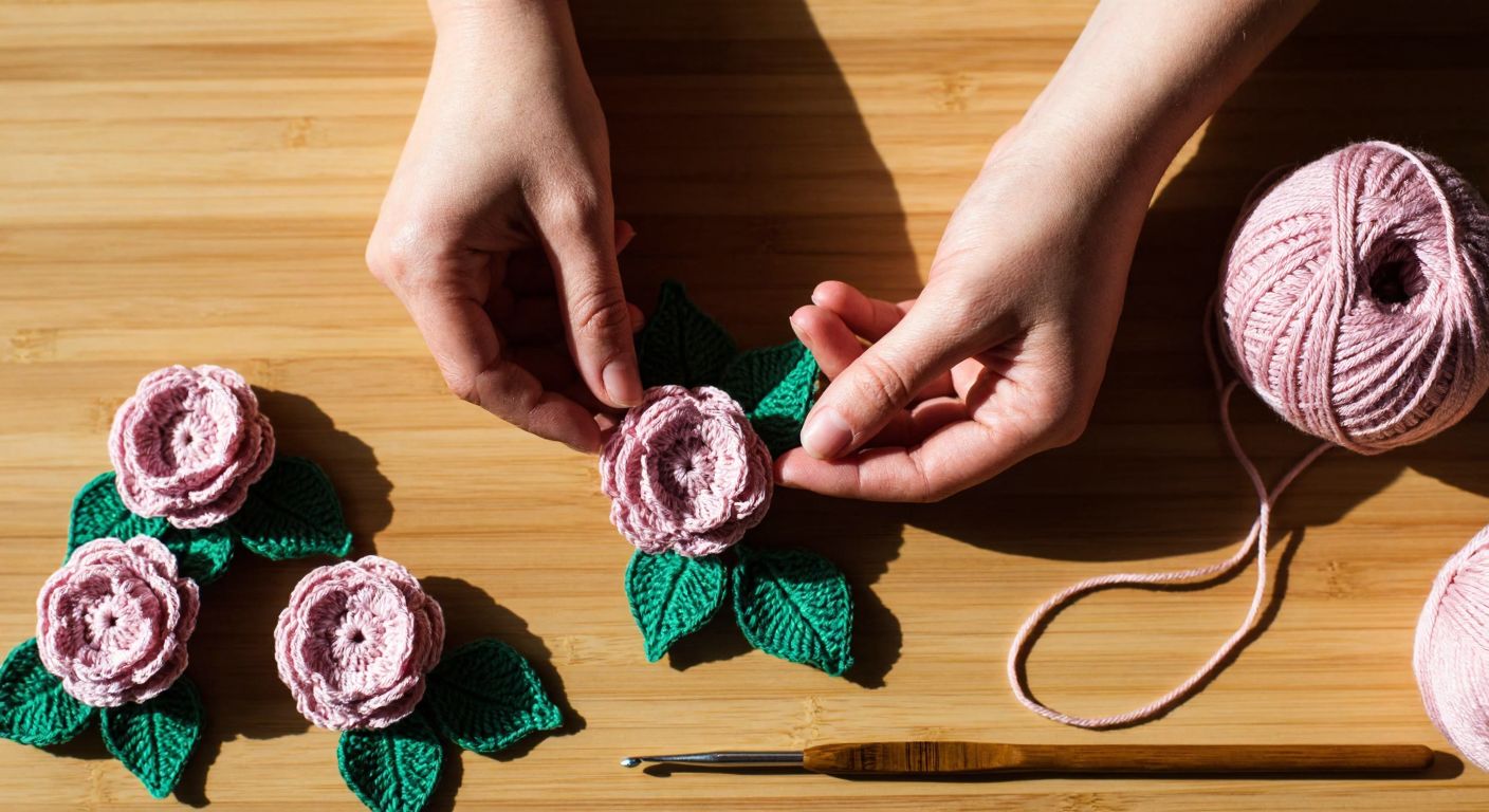 A pair of hands carefully arranging delicate pink crocheted roses and green leaves on a wooden table, with a ball of yarn and a crochet hook nearby, under warm natural light.
