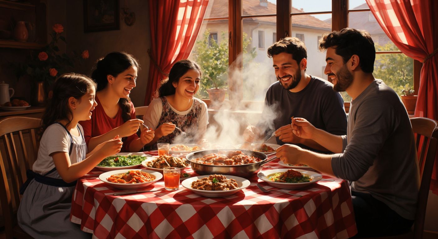 A red-and-white checkered tablecloth spread over a wooden dining table, surrounded by steaming dishes of Turkish home-cooked meals, with a family laughing and sharing food under warm indoor lighting.