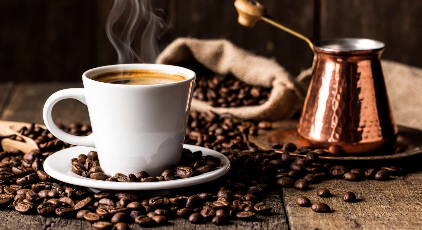 A steaming cup of rich, aromatic Lavazza coffee sits on a rustic wooden table in a cozy Turkish café, surrounded by freshly roasted coffee beans and a traditional copper cezve, evoking warmth and quality.